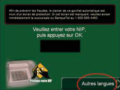 GAB - Écran de composition du NIP montrant l'option du choix de la langue
