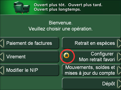 Écran de menu du GAB