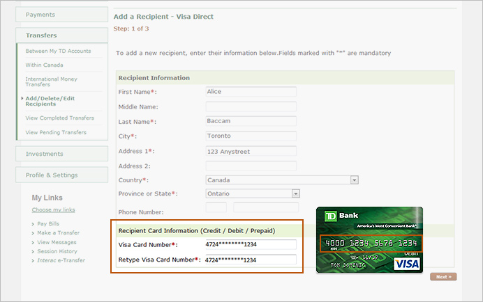 Visa transfer. Visa money transfer карта. Account number td Bank. Visa direct Rus. Td Card.