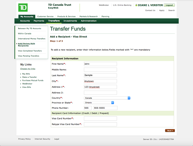 Visa Direct Send Money Online Td Canada Trust Set Up A Recipient