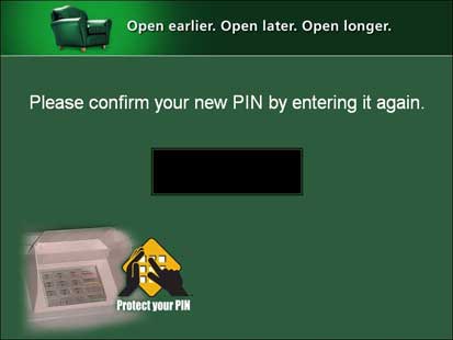 ABM screen asking to confirm new PIN by entering it again