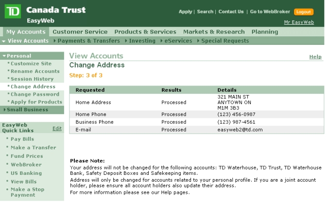 how to change my address with td bank
